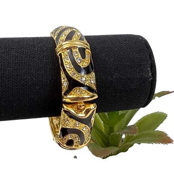 Vintage Jewelry - Y2k Rhinestone Gold Black Enamel Bracelet Vintage Hinged Clasp